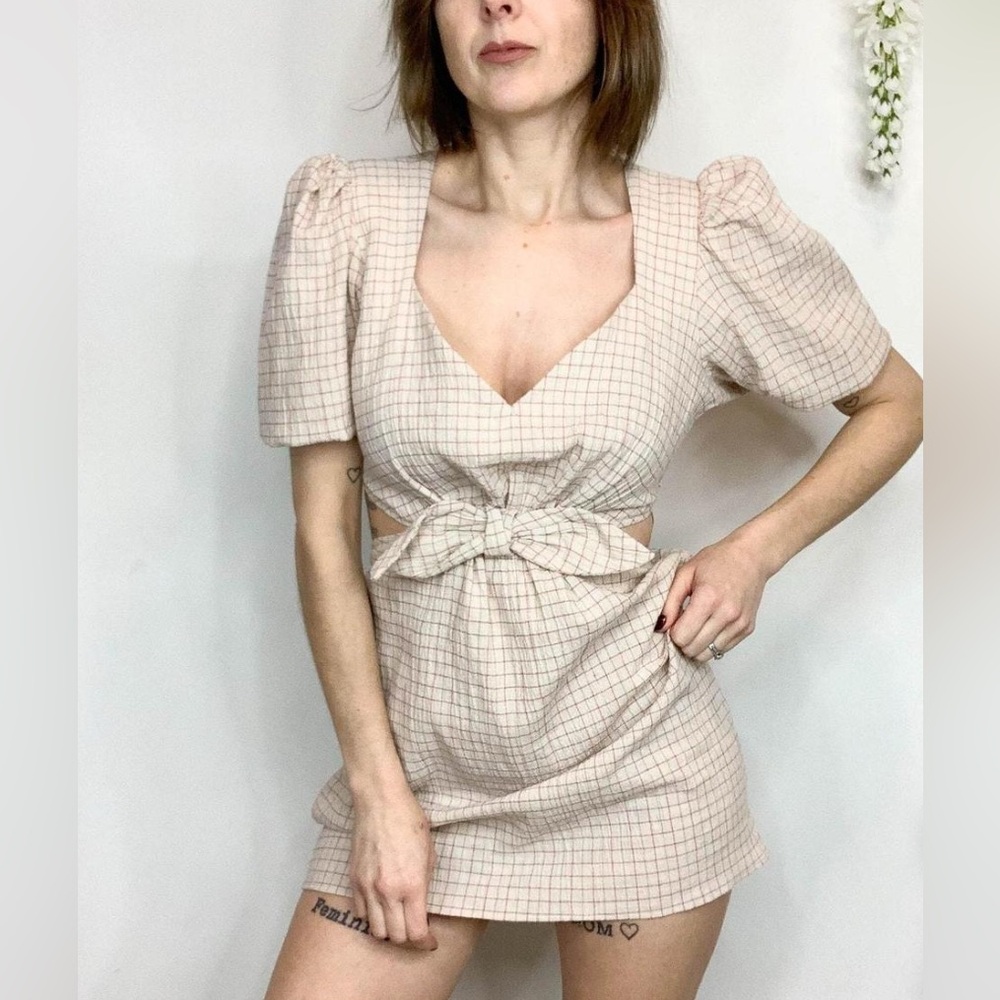 Zara NWT Size S Cotton/Linen Blend Plaid Cut Out Waist Minidress -NWT per Pics - Picture 3 of 10